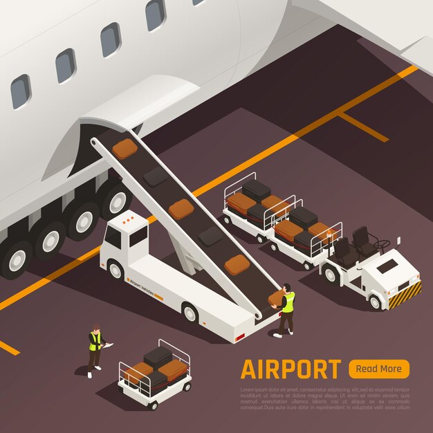 Ilustracja izometryczna lotniska z przenośnikiem ciężarówek ładujących torby do samolotu