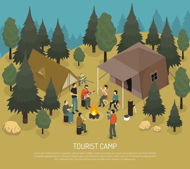 Ilustracja izometryczna obozu turystycznego