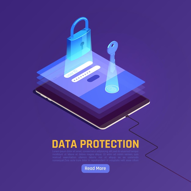 Bezpłatny wektor ilustracja izometryczna ochrony danych osobowych gdpr z gadżetem i stosem ekranów z kluczem i zamkiem