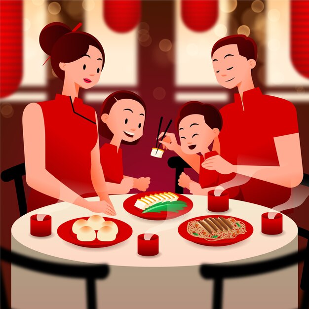 Ilustracja kolacji z powrotem do chińskiego Nowego Roku