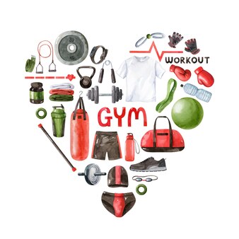 Ilustracja koncepcja fitness akwarela w kształcie serca ze sprzętem do ćwiczeń na białym tle