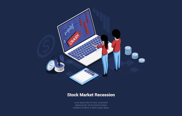 Ilustracja koncepcja recesji na giełdzie. skład izometryczny wektor w stylu cartoon 3d. problemy finansowe, globalny spadek waluty, firma zajmująca się biznesem finansowym. postacie stoją w pobliżu laptopa z informacjami