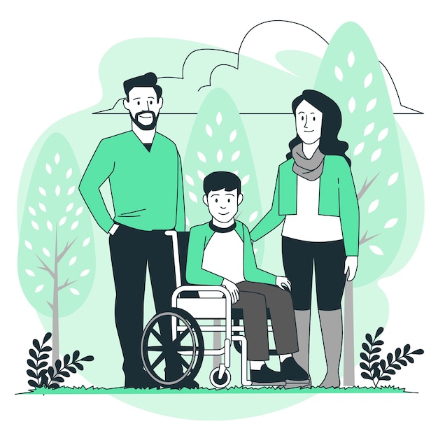 Bezpłatny wektor ilustracja koncepcja rodziny z niepełnosprawnym dzieckiem