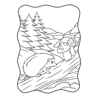 Ilustracja kreskówka jeż chodzi po pniu dużego zwalonego drzewa w pobliżu rzeki, książki lub strony dla dzieci w czerni i bieli