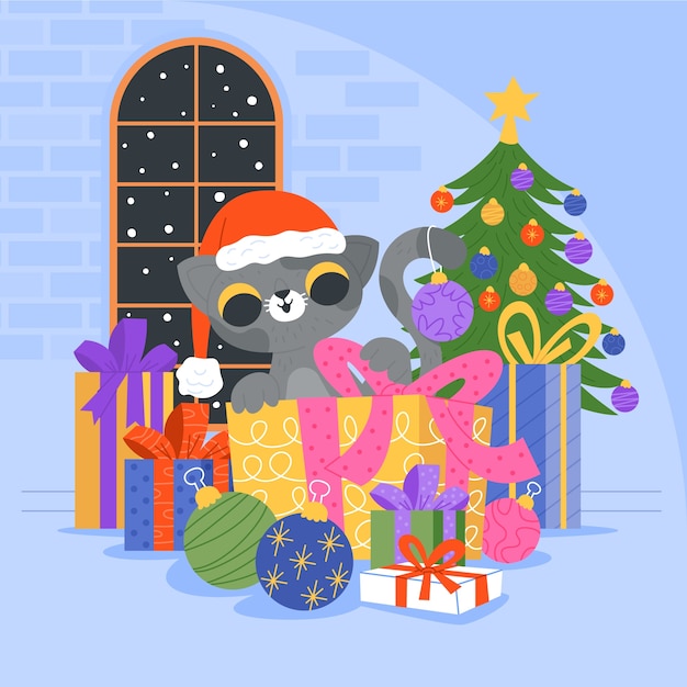 Bezpłatny wektor ilustracja kreskówka płaski kot na obchody świąt bożego narodzenia