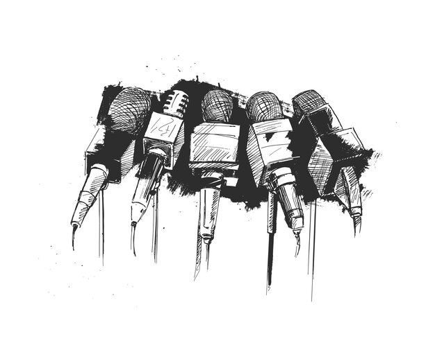 Ilustracja liniowa mikrofonów i rejestratorów dla symbolu dziennikarstwa