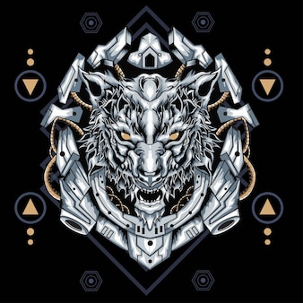 Ilustracja mecha wilka z ornamentem świętej geometrii