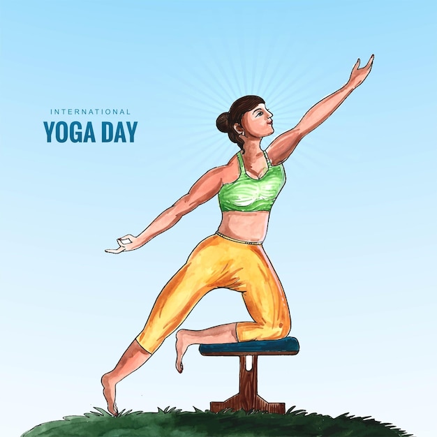 Ilustracja międzynarodowego dnia jogi z kobietą wykonującą projekt jogi