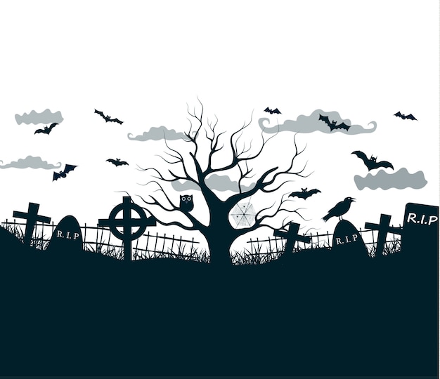 Ilustracja noc Halloween w kolorach czarnym, białym, szarym z ciemnymi krzyżami cmentarnymi, martwym drzewem i nietoperzami