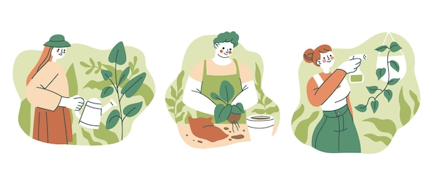Ilustracja osób dbających o rośliny