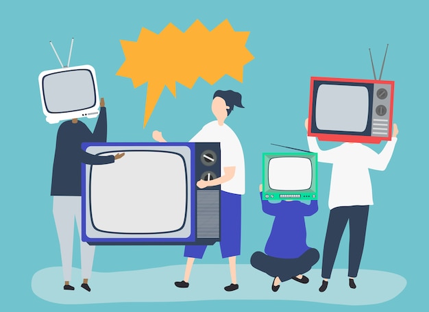 Bezpłatny wektor ilustracja postaci osób z analogowymi ikonami tv