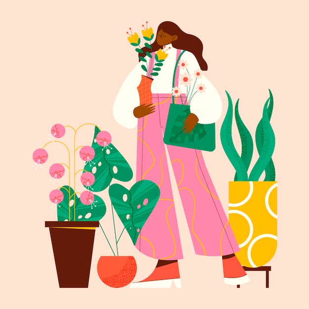 Ilustracja przedstawiająca osoby opiekujące się roślinami