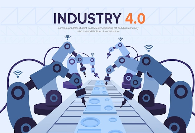 Ilustracja Przemysłu 4.0 z ramionami robotów.