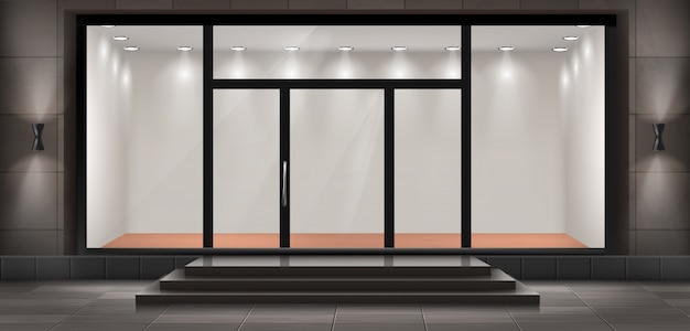 ilustracja sklepu ze schodami i drzwiami wejściowymi, szklana iluminowana prezentacja