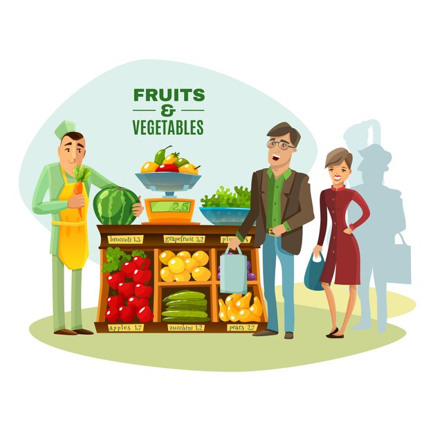 Ilustracja sprzedawca owoców i warzyw