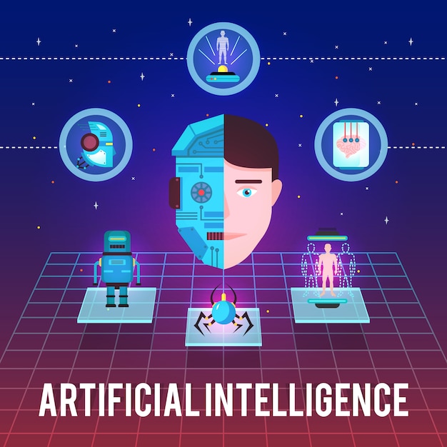 Ilustracja Sztucznej Inteligencji Z Cyborgiem Stawia Czoło Zaawansowanym Technologicznie Ikonom I Robotycznym Postaciom Na Tle Gwiazd