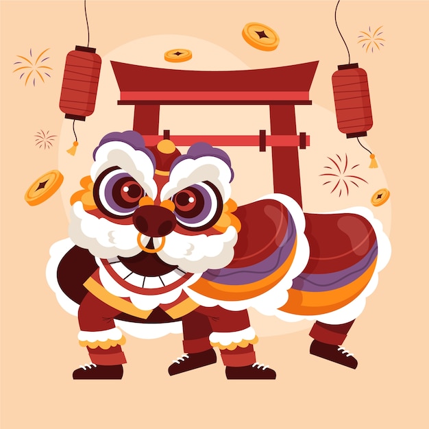 Ilustracja Tańca Lwa Płaskiego Chińskiego Nowego Roku