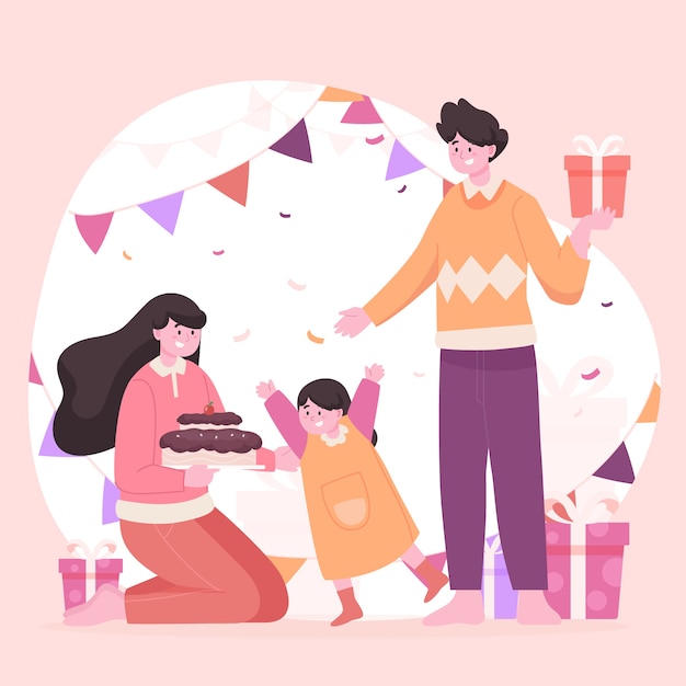 Bezpłatny wektor ilustracja urodzinowa z rodziną