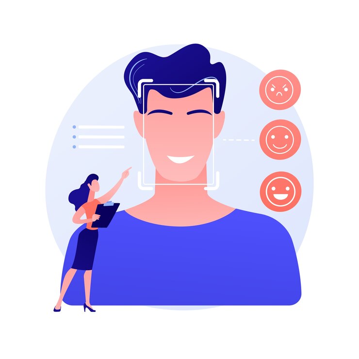 Bezpłatny plik Wektor ilustracja wektorowa abstrakcyjna koncepcja wykrywania emocji. mowa, rozpoznawanie stanów emocjonalnych, wykrywanie emocji z tekstu, technologia czujników, uczenie maszynowe, abstrakcyjna metafora czytania twarzy ai.