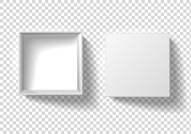 Bezpłatny wektor ilustracja wektorowa białe pudełko realistycznego kartonu 3d lub papieru kartonowego kwadratowego pustego opakowania z otwartą nasadką