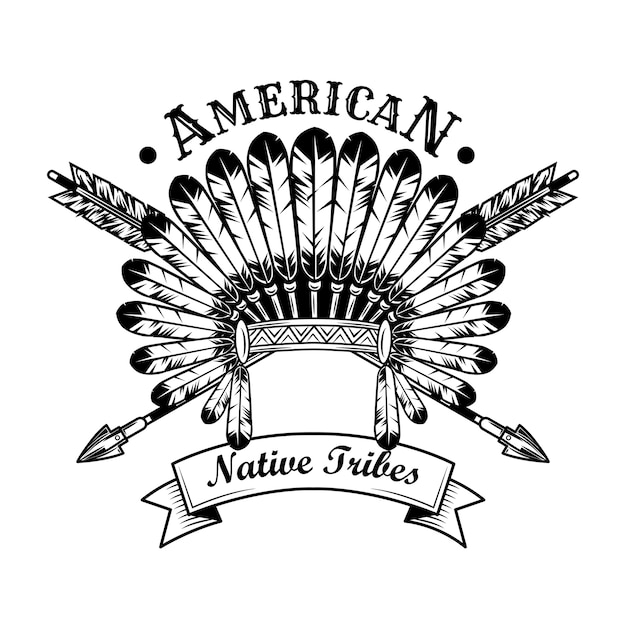 Bezpłatny wektor ilustracja wektorowa indiańskie plemię akcesoria. nakrycie głowy z piór, skrzyżowane strzałki, tekst. rdzenni amerykanie i red indian koncepcja szablonów emblematów lub etykiet