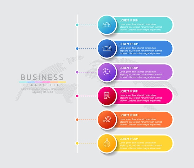 Ilustracja wektorowa infografiki zaprojektuj szablon informacji marketingowych z 6 opcjami lub krokami