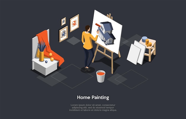 Ilustracja wektorowa koncepcja malarstwa domowego na ciemnym tle z tekstem. izometryczne skład w stylu cartoon 3d. proces naprawy domu, dobór kolorów. projektant wybierający barwnik do nowego budynku.