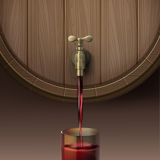 Ilustracja wektorowa koncepcji wylewania czerwonego wina z drewnianej beczki w szklance, na białym tle na brązowym tle