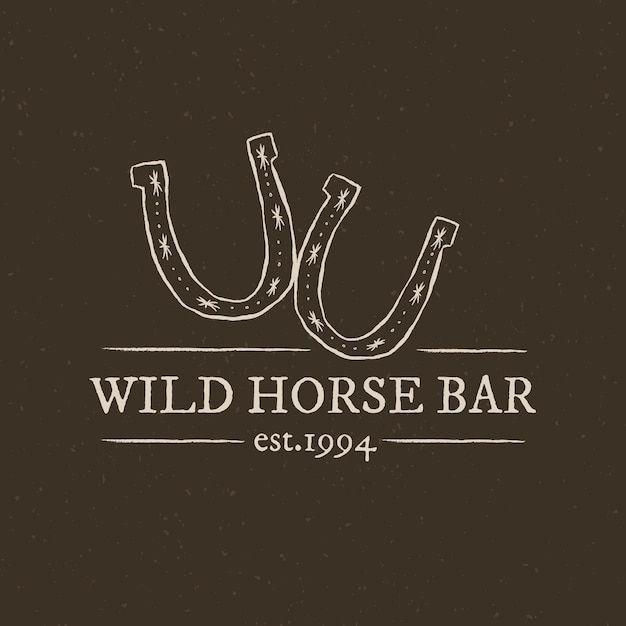 Bezpłatny wektor ilustracja wektorowa logo wildhorse bar z edytowalnym tekstem i doodle podkową