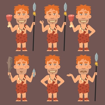Ilustracja wektorowa, neandertalczyk trzyma mięso i broń, format eps 10