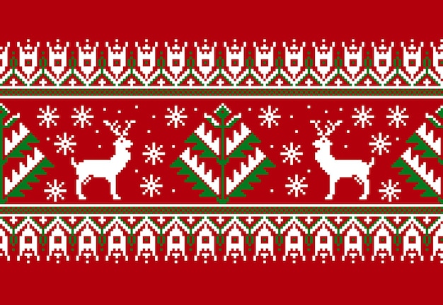 Bezpłatny wektor ilustracja wektorowa ornament bezszwowe ludowe. etniczny nowy rok czerwony ornament z sosnami i jeleniami. fajny etniczny element granicy dla twoich projektów.