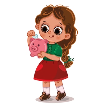Ilustracja wektorowa słodkiej dziewczyny oszczędzającej pieniądze w skarbonce