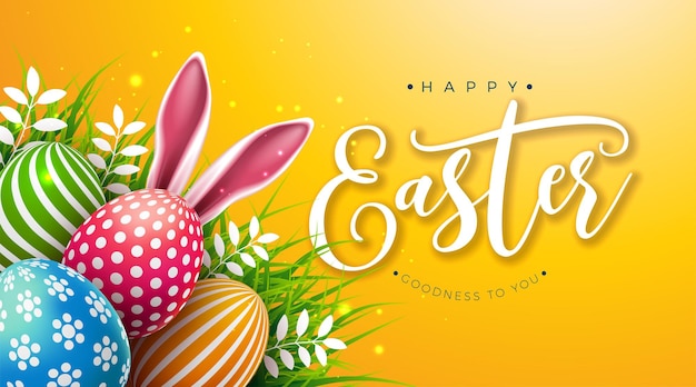 Ilustracja wektorowa Wesołych Świąt z kolorowymi malowanymi jajkami i uszami królika na żółtym tle
