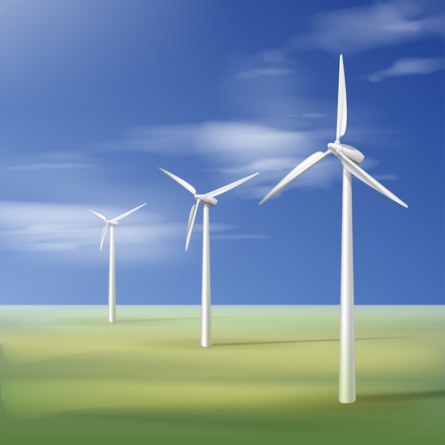 Ilustracja wektorowa z turbin wiatrowych na zielonej trawie nad niebieskim pochmurnym niebem