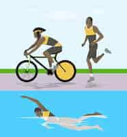 Bezpłatny wektor ilustracja wyścigu triathlonowego mężczyzna pływa, jeździ i biega