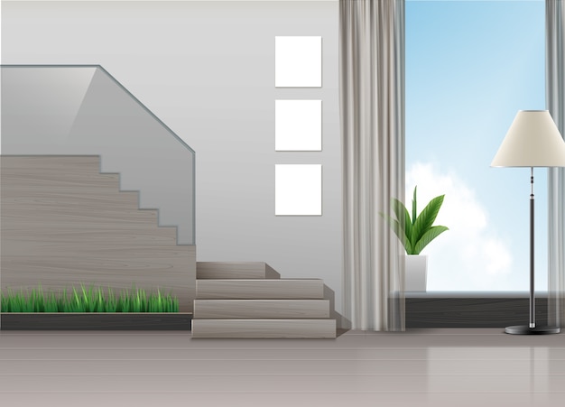 ilustracja wystroju wnętrz w minimalistycznym stylu ze schodami, lampą, roślinami i dużym oknem