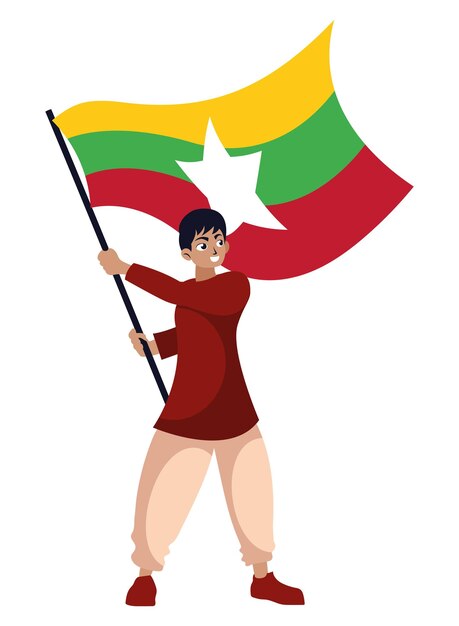 Ilustracja z Dnia Niepodległości Mjanmy z mężczyzną trzymającym flagę