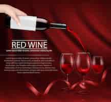 Bezpłatny wektor ilustracji wektorowych dłoni trzymającej szklaną butelkę wina i odlewania czerwonego wina do szklanki