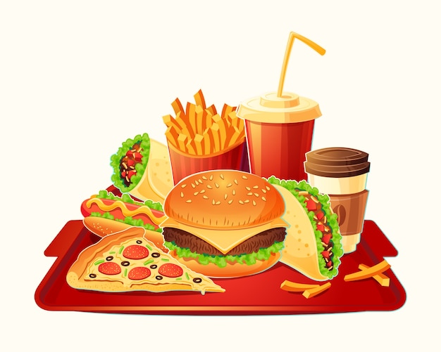 Ilustracji wektorowych kreskówek tradycyjnego zestawu fast food posiłek