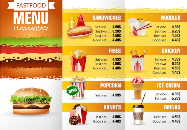 Bezpłatny wektor ilustracji wektorowych projektowania menu fast food restaurant.