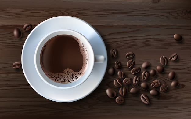 Bezpłatny wektor ilustracji wektorowych realistycznego stylu białego filiżanki kawy z spodek i ziaren kawy, widok z góry