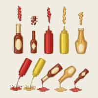 Bezpłatny wektor ilustracji wektorowych stylu grawerowania zestaw różnych sosów wylewa się z butelek