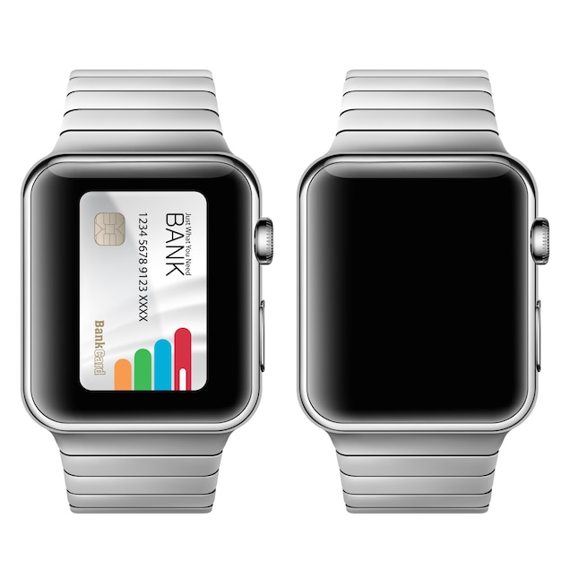 Bezpłatny wektor ilustracji wektorowych w realistycznym stylu koncepcji e-płatności przy użyciu aplikacji na zegarek na nadgarstek.