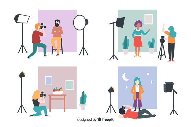 Ilustrowani fotografowie wykonujący zdjęcia przy użyciu różnych modeli