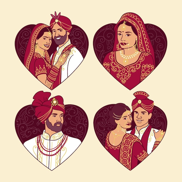 Bezpłatny wektor indyjska kolekcja postaci ślubnych