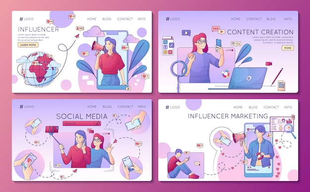 Bezpłatny wektor influencer marketing płaski zestaw stron docelowych witryny sieci web z obrazami, które można kliknąć i tekstową ilustracją wektorową