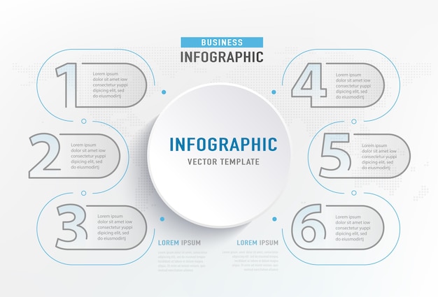 Bezpłatny wektor infografika 6 krok elementu. graficzny diagram koła, projekt wykresu biznesowego.