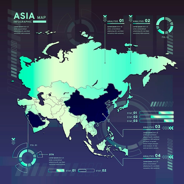 Bezpłatny wektor infografika mapy neonowej azji w płaskiej konstrukcji