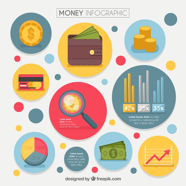 Bezpłatny wektor infografika pieniądze z kolorowych elementów i okrągłe kształty