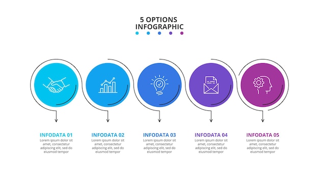 Infografika procesu z 5 okręgami. kreatywna koncepcja postępu w pięciu krokach.